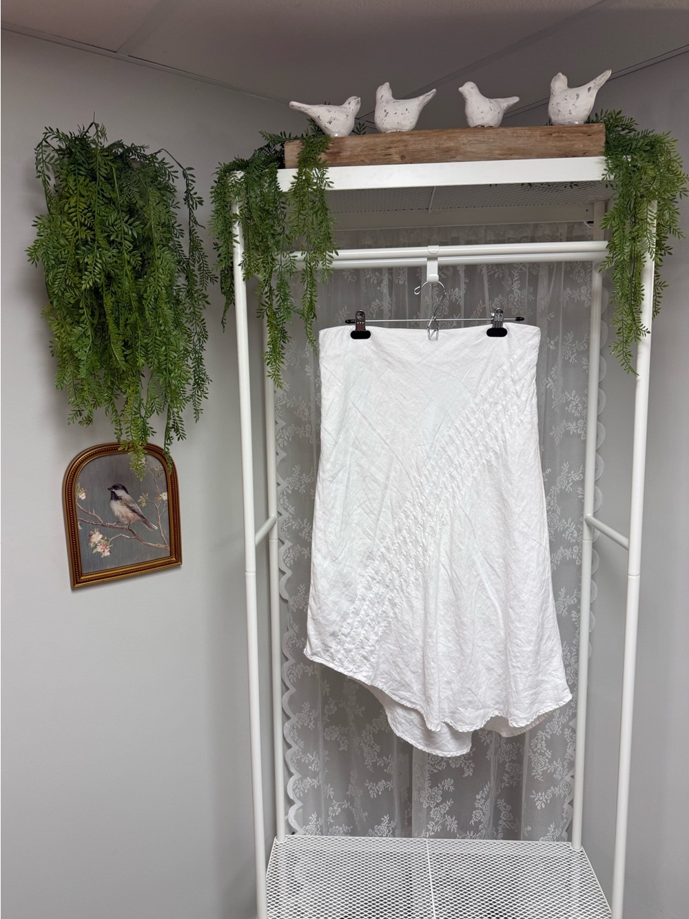 White Linen Asymmetric Midi Skirt Boho Coastal Chic Lined Side Zip Size 10